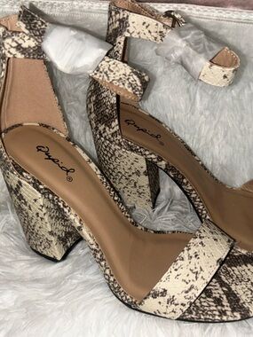 Qupid Cream and Brown Snake-Print Block Heel Sandals